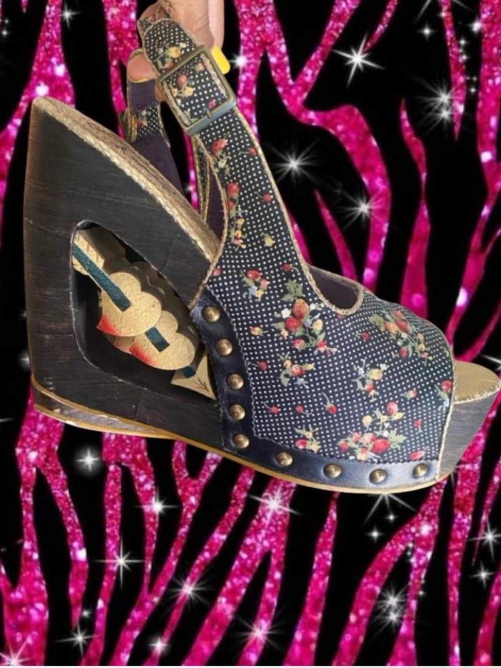 Irregular choice size 40 Strawberry Polkadot Floral Print Platform Wood Wedges